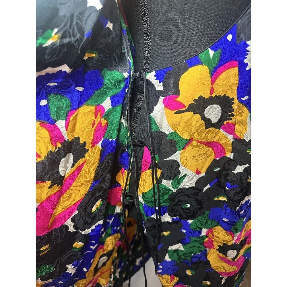 VTG *RARE* 1980's Flora Kung 100% Silk Colorful Floral Puff Sleeve Wrap Dress 6 - Picture 7 of 16